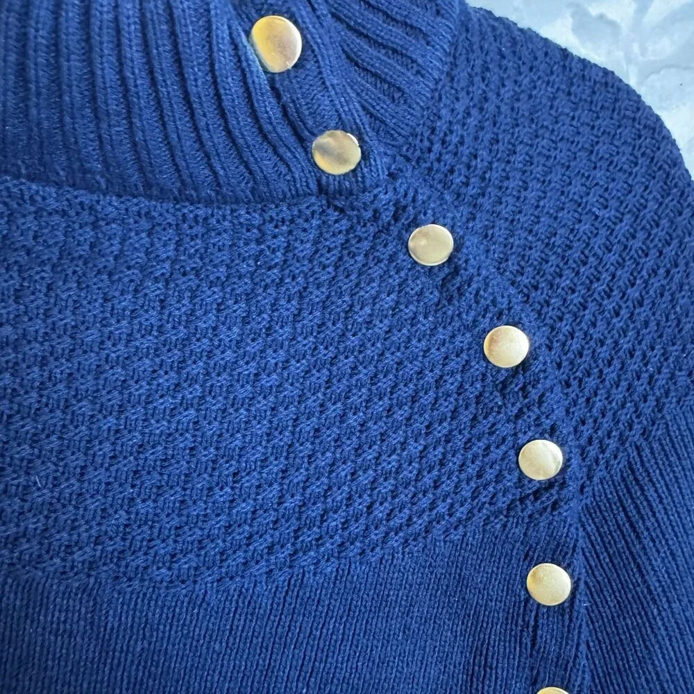 G.I.L.I. Got It Love It Sweater Cape Poncho Gold Button Navy Blue Knit Size XS/S - Picture 6 of 11